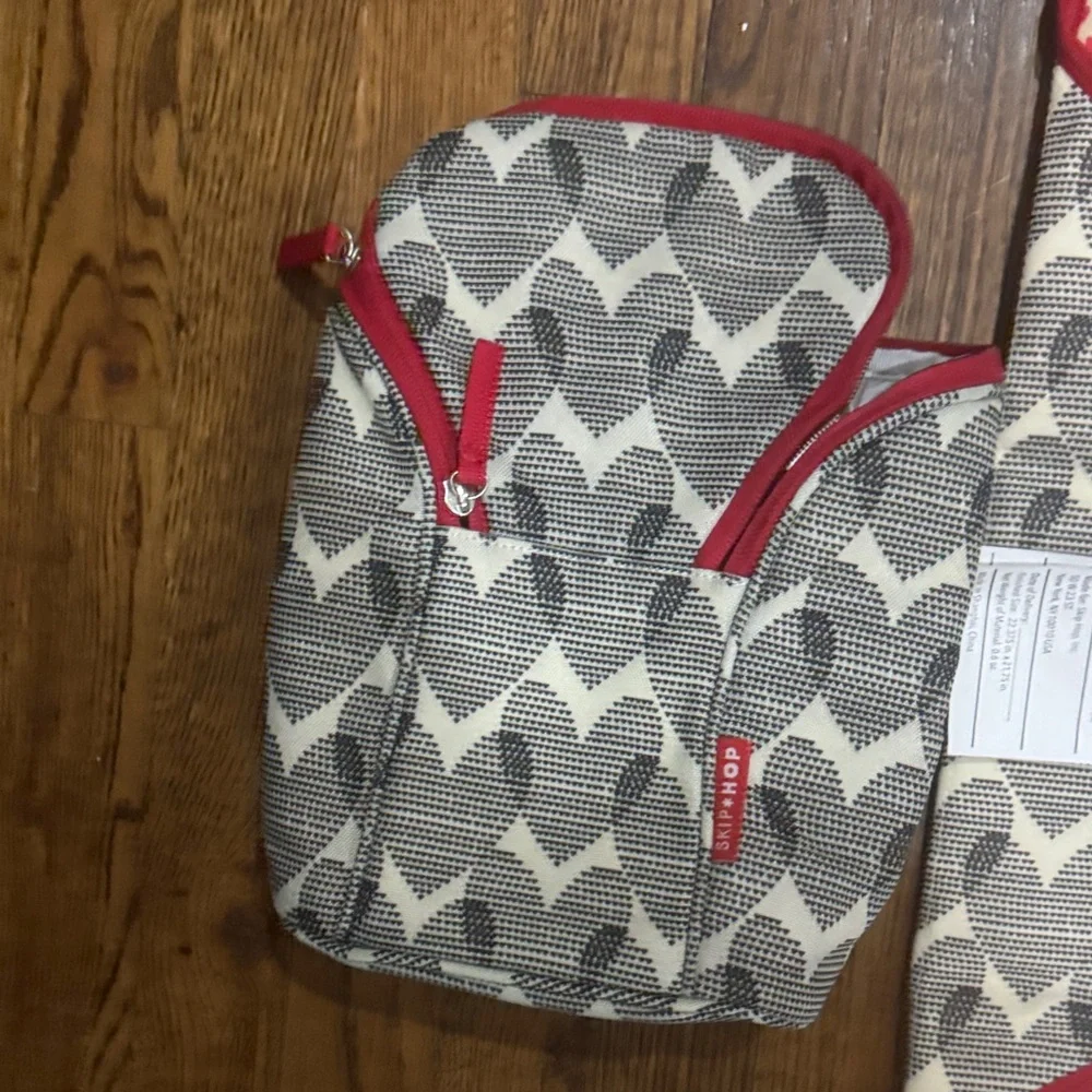 Skip Hop Gray and Red hearts bottle bag and changing pad set